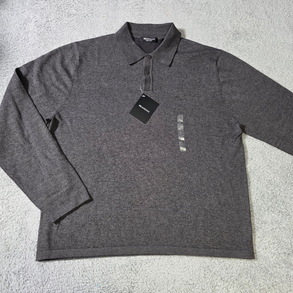 Brandini Mens L Long Sleeve Polo Shirt Charcoal Gray Pima Cotton Knit 4900 NEW